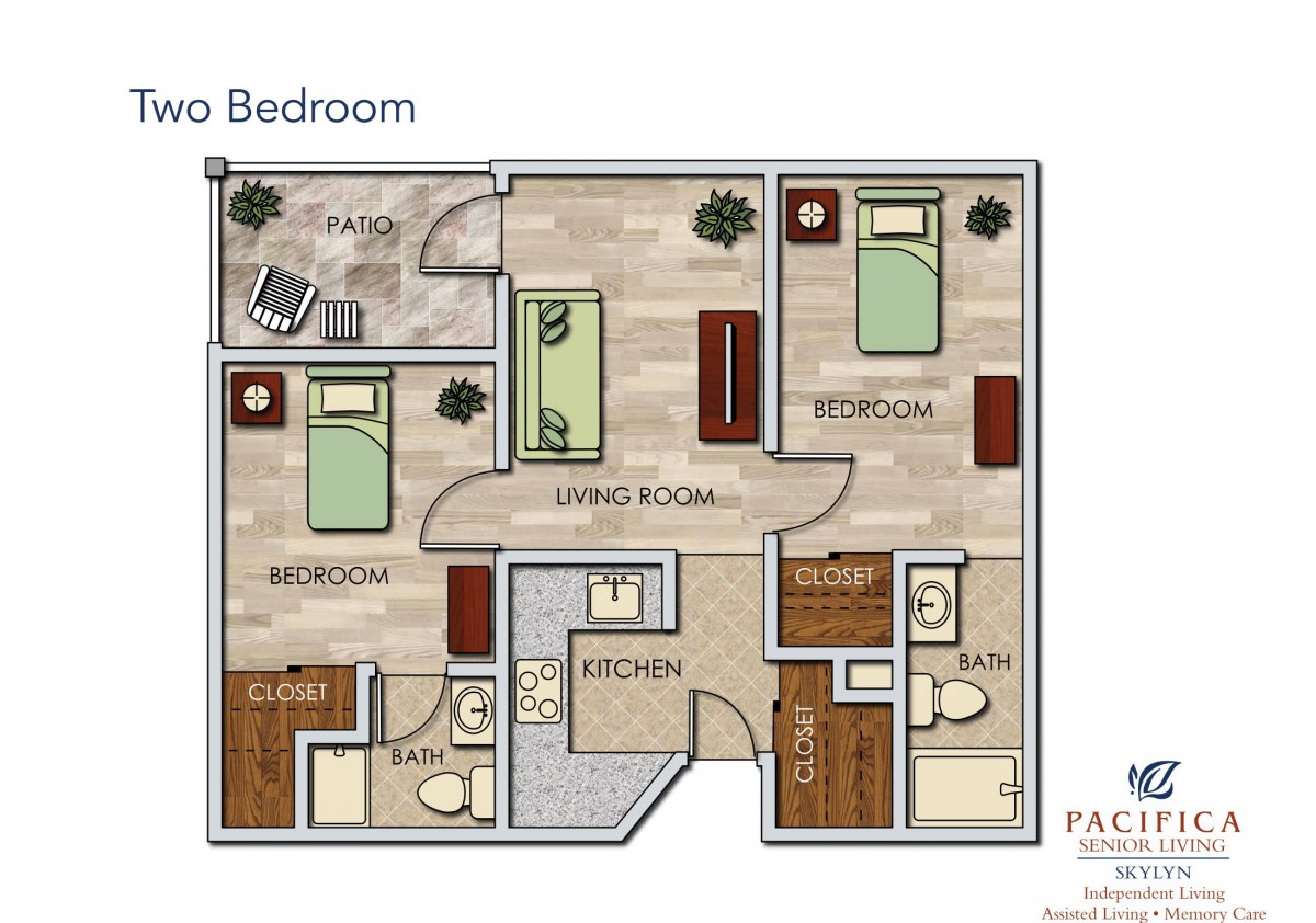 This is a floor plan of a three-bedroom apartment featuring two bathrooms, a living room, kitchen, and patio.