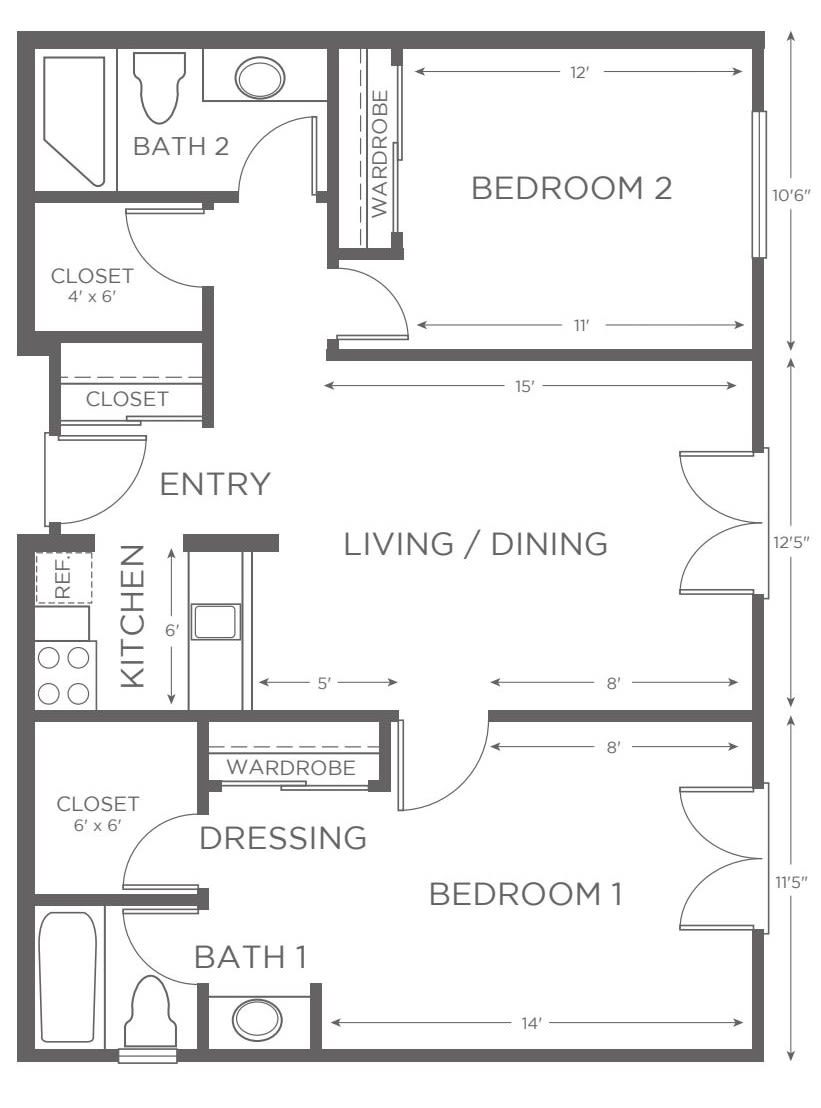 A floor plan of a two-bedroom apartment with living/dining area, kitchen, and two bathrooms.