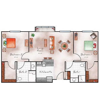 A detailed floor plan of a two-bedroom apartment with a living room, kitchen, and two bathrooms.