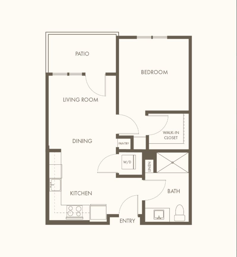 One-bedroom apartment floor plan layout with designated kitchen, living room, and bathroom areas.