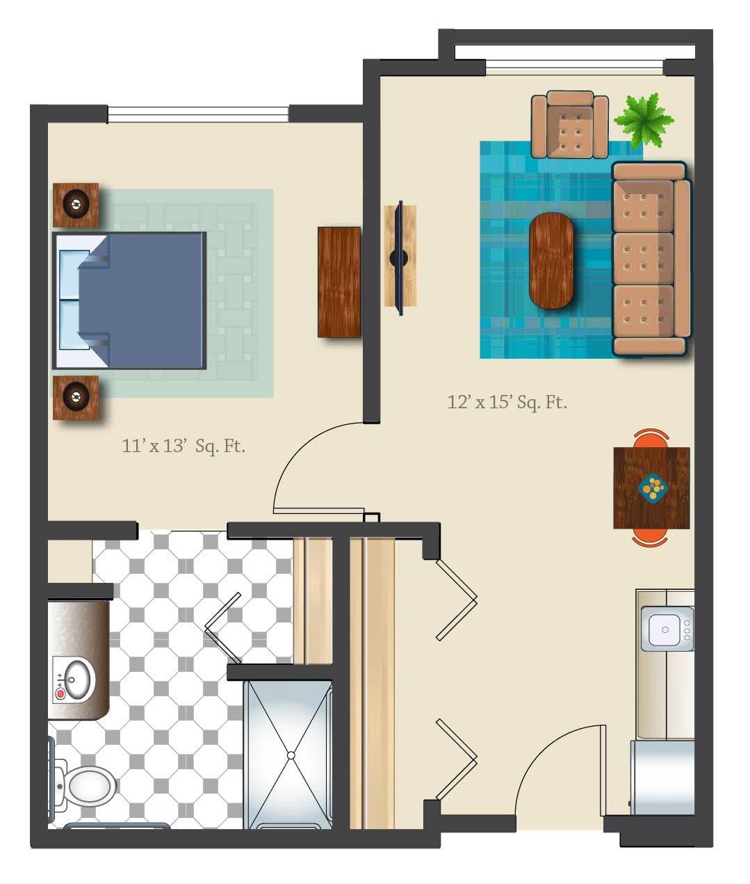 A simple floor plan of a small apartment with one bedroom, living room, kitchen, and bathroom.