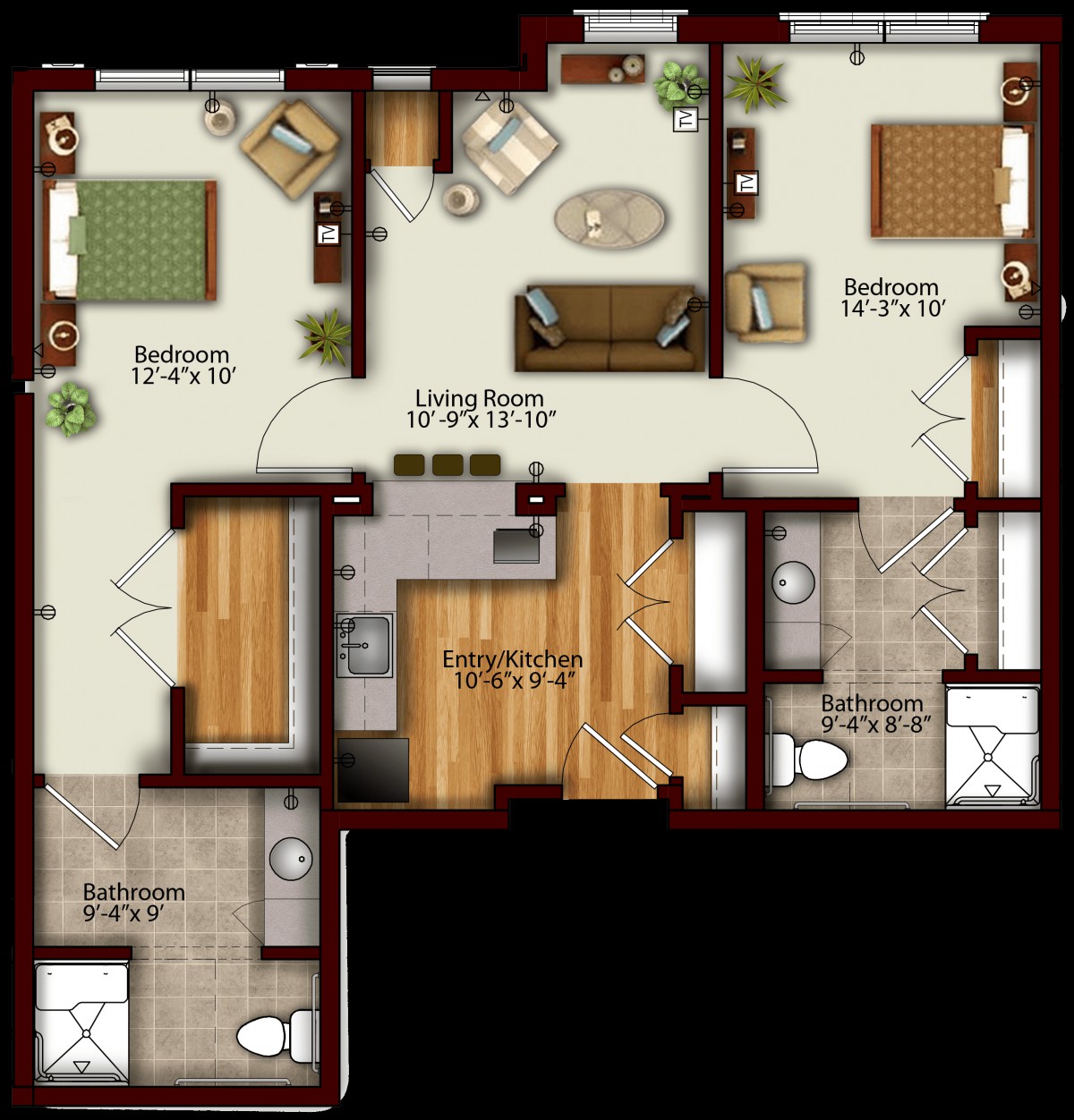 Detailed floor plan of a two-bedroom apartment with a living room, kitchen, and bathrooms.