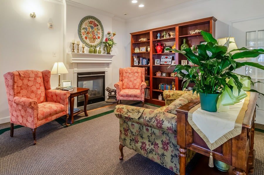 A cozy living room featuring a fireplace, bookshelves, and comfortable seating with floral patterns and indoor plants.
