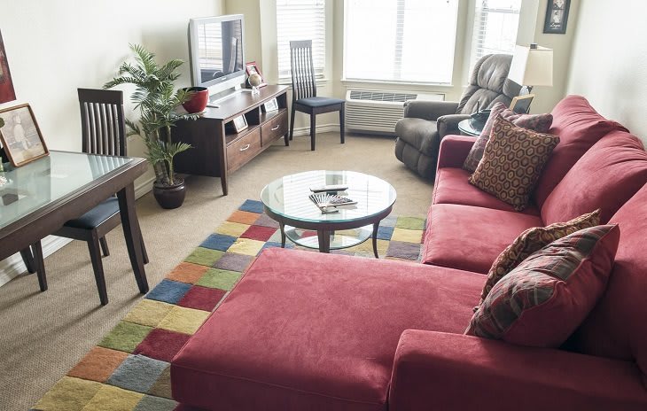 A cozy living room featuring a red sofa, colorful rug, TV, and various furnishings.