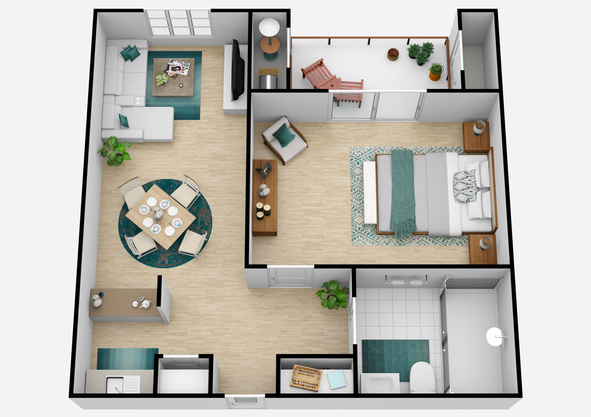 A detailed floor plan of a modern apartment featuring a living room, bedroom, bathroom, and kitchen with stylish furniture arrangement.