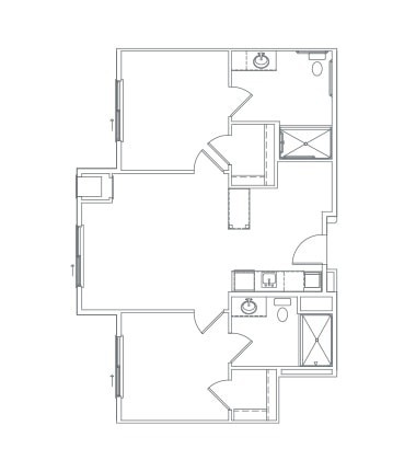 A simple floor plan showing the layout of an apartment with rooms and amenities.