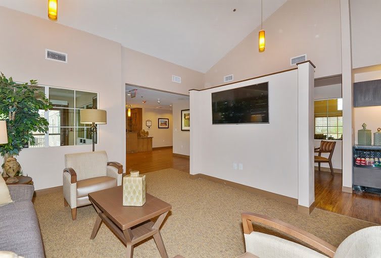 A modern living room with comfortable seating and a wall-mounted TV.