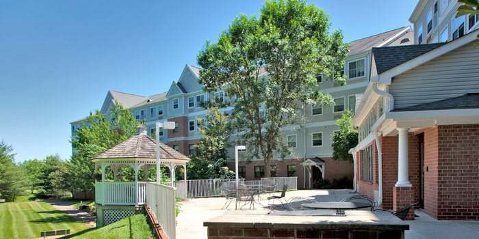 A sunny outdoor space featuring a modern building, lush tree, and a gazebo on the patio.