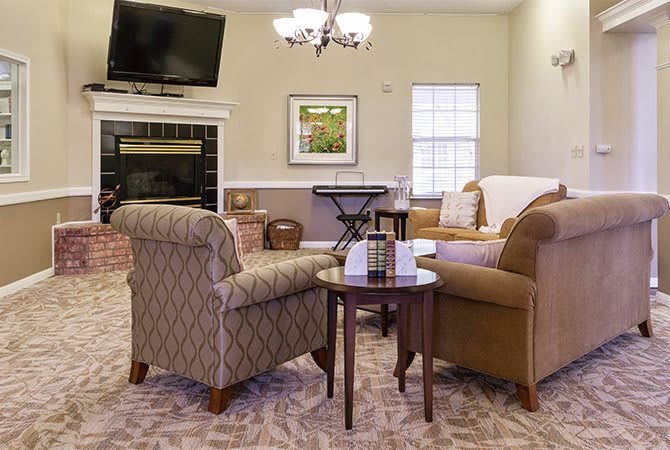 A cozy living room with armchairs, a sofa, and a fireplace, complemented by a television and stylish decor.