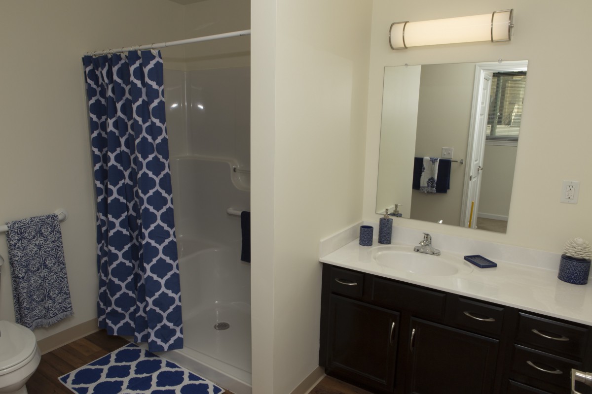 A modern bathroom featuring a shower with a blue patterned curtain and a sink with a large mirror.