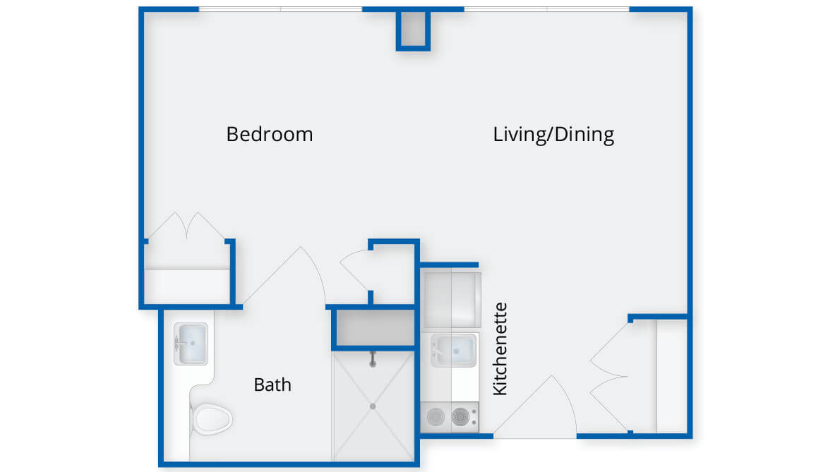 A floor plan showing a one-bedroom apartment with a living/dining area, kitchenette, and bathroom.
