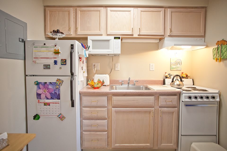 A compact kitchen space with wooden cabinets and essential appliances.