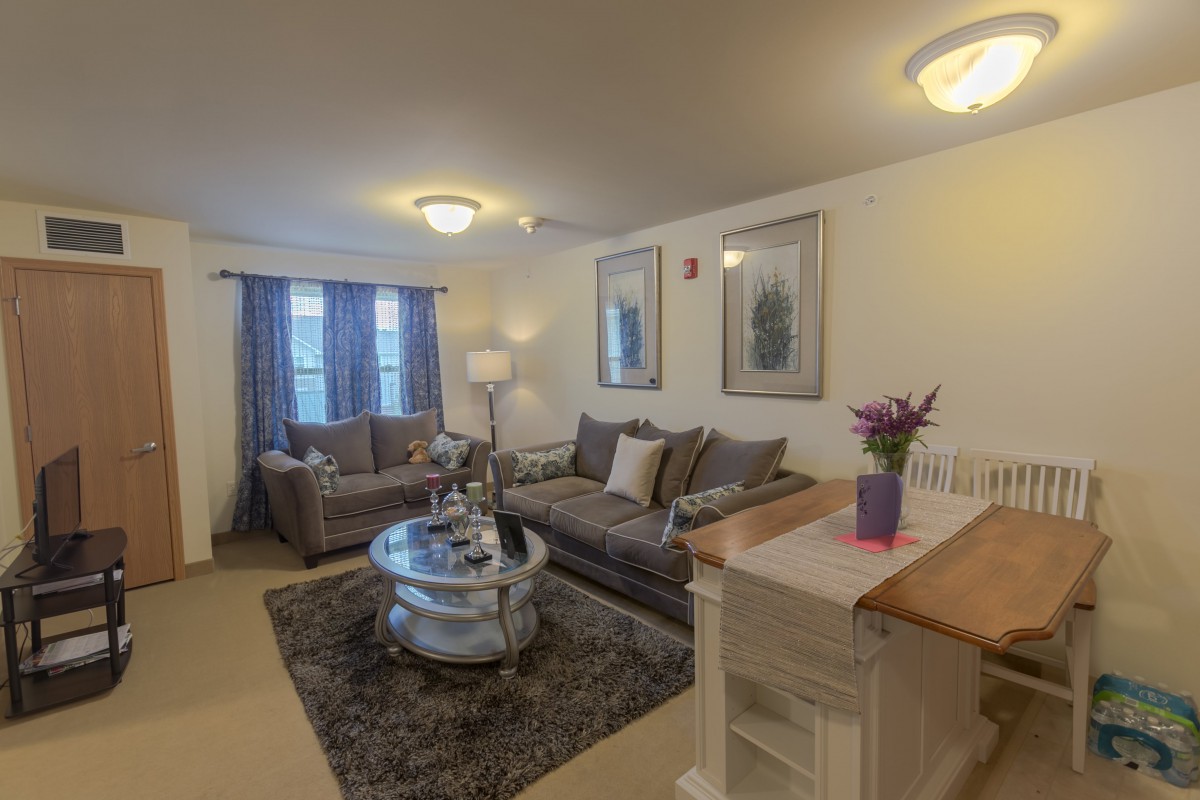 A cozy living room with comfortable sofas, a coffee table, and tasteful decor.