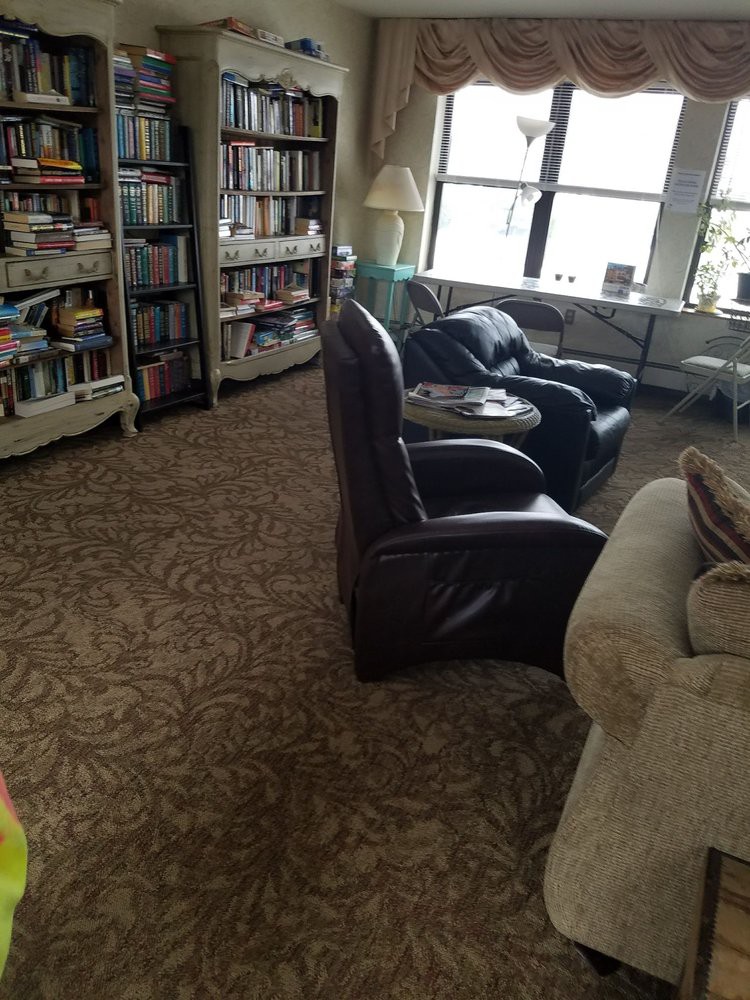A cozy living room with bookshelves, armchairs, and a large window.