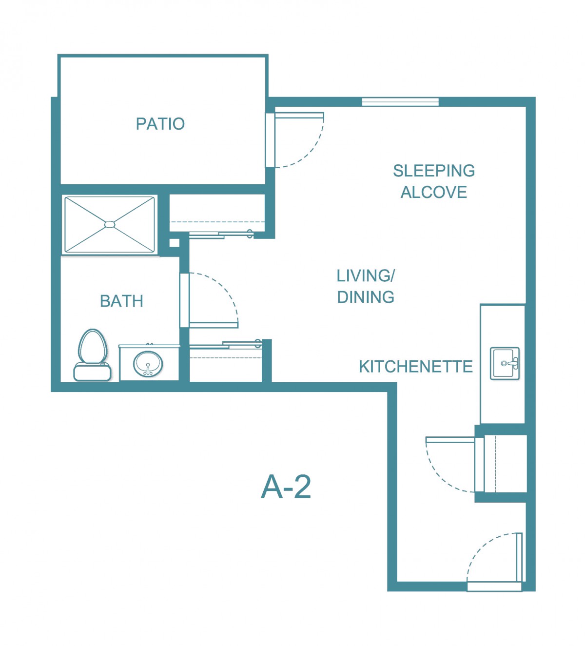 Studio apartment floor plan with patio, bath, kitchenette, and sleeping alcove.