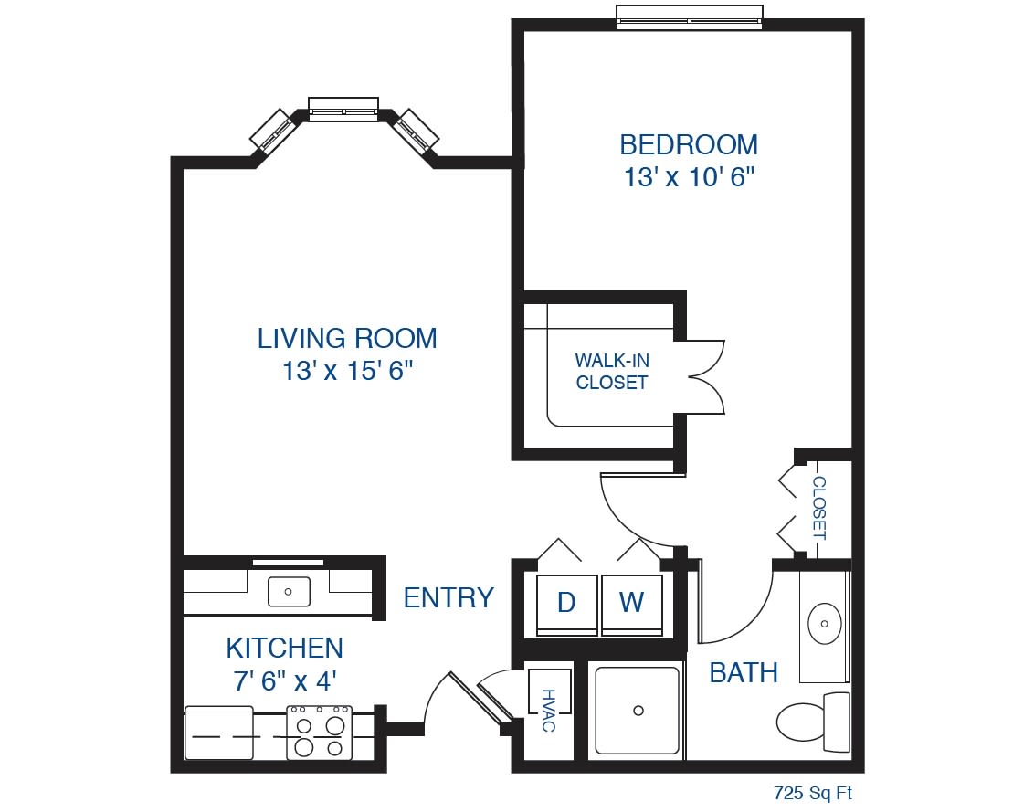 This is a floor plan of a one-bedroom apartment featuring a living room, kitchen, bathroom, and closet.