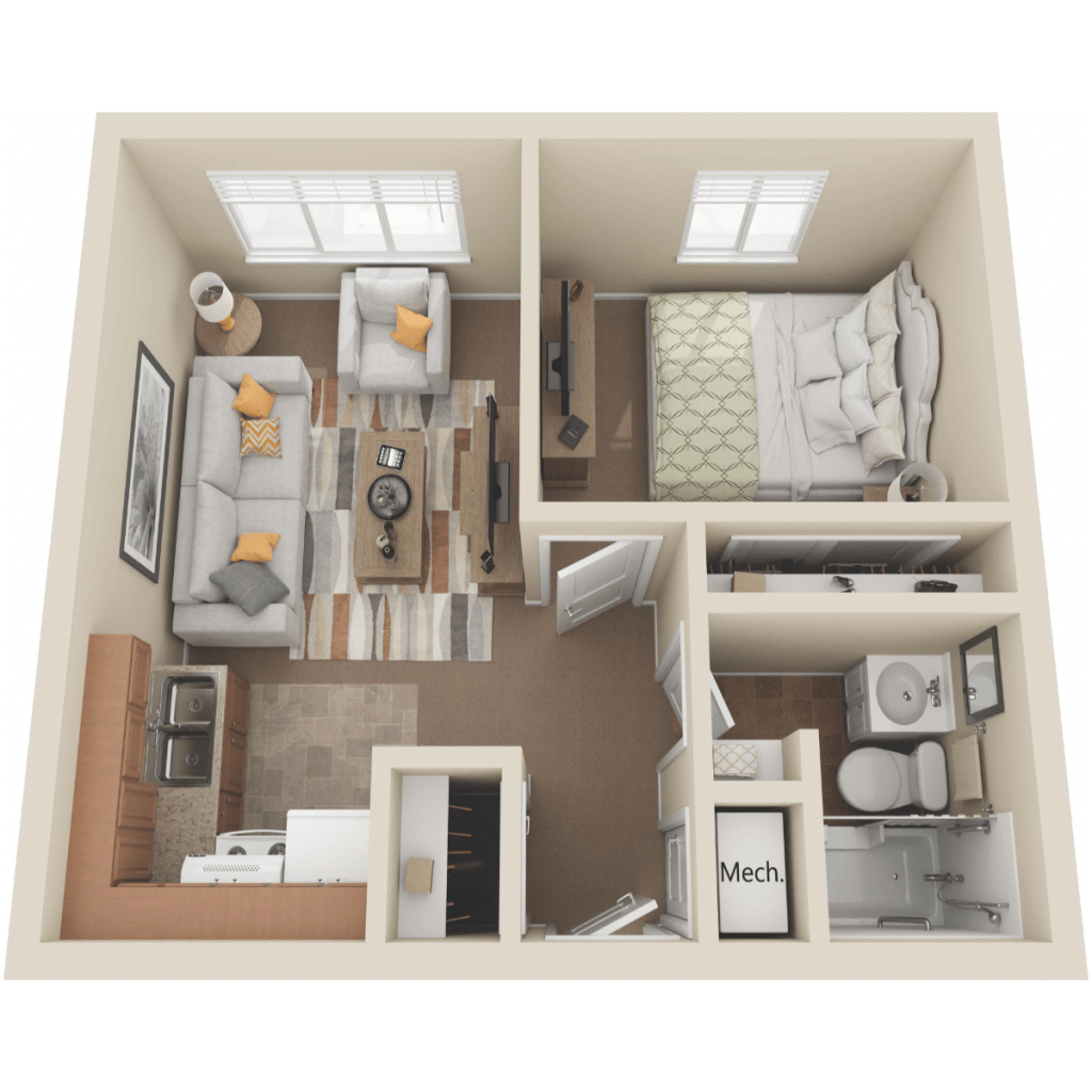 1-bedroom apartment floor plan with living room, kitchen, and bathroom.