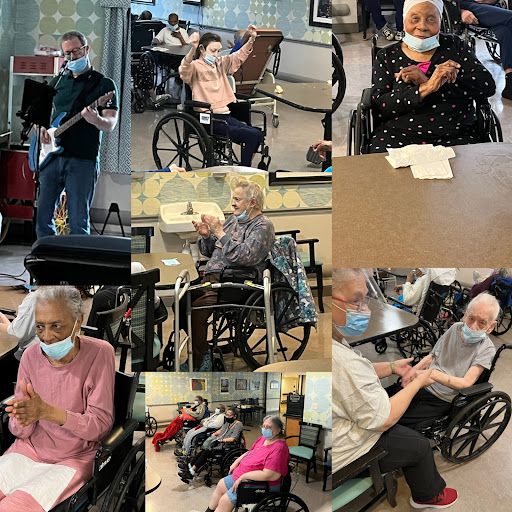 Residents at a care facility engage in various activities, enjoying social interaction and support from staff.