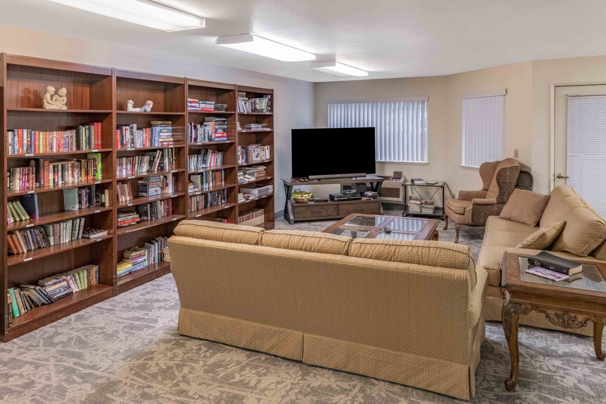 A cozy living room with bookshelves, a large sofa, and a television.