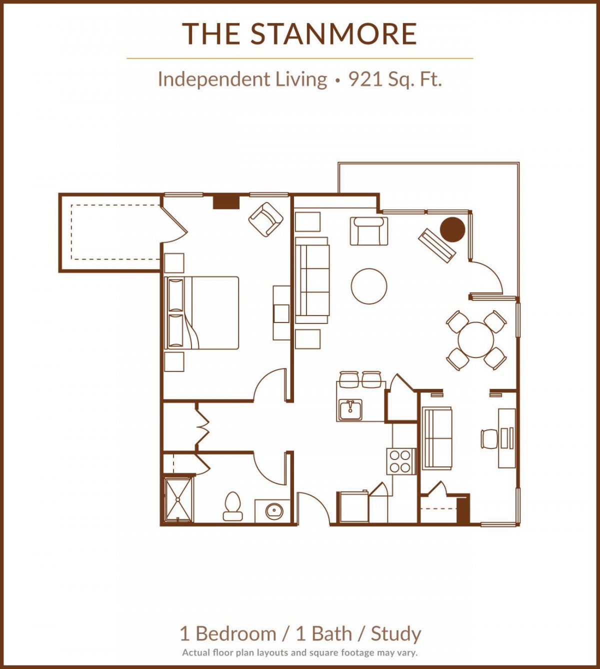 Independent living floor plan of The Stanmore, featuring 921 sq. ft. with 2 bedrooms and 1 bath.