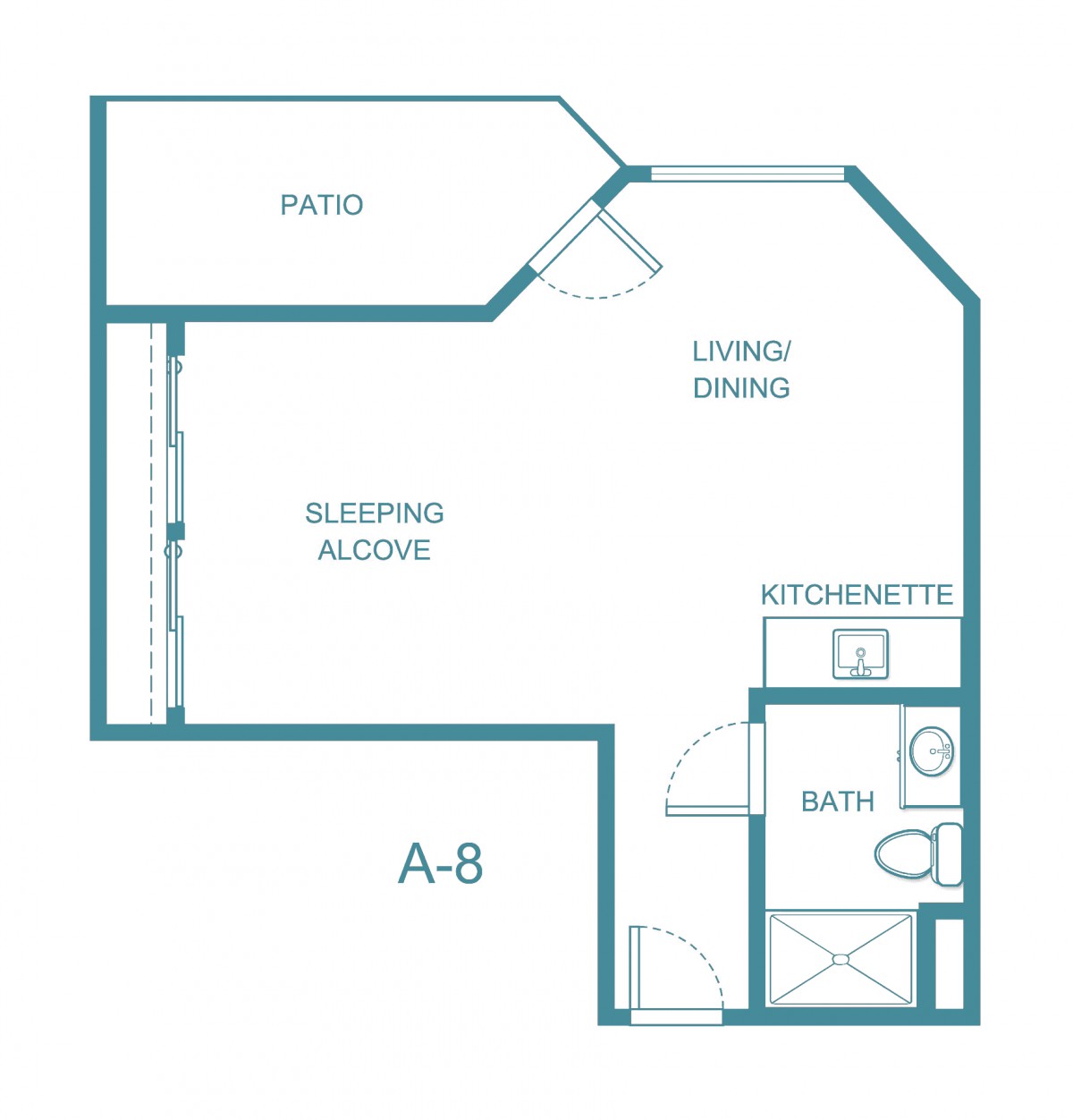 Studio apartment floor plan with a patio and kitchenette.