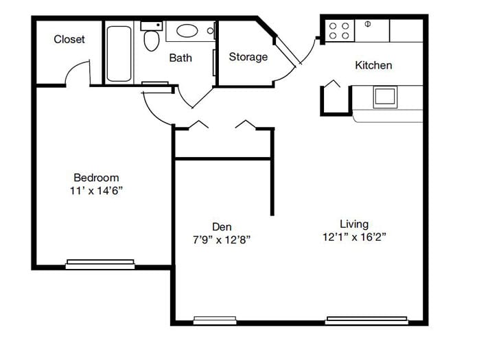 A floor plan of a single-bedroom apartment featuring a bathroom, kitchen, living area, and a den.