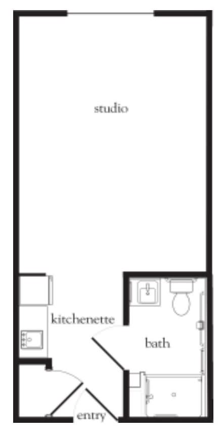 Simple floor plan of a studio apartment with kitchenette and bathroom.