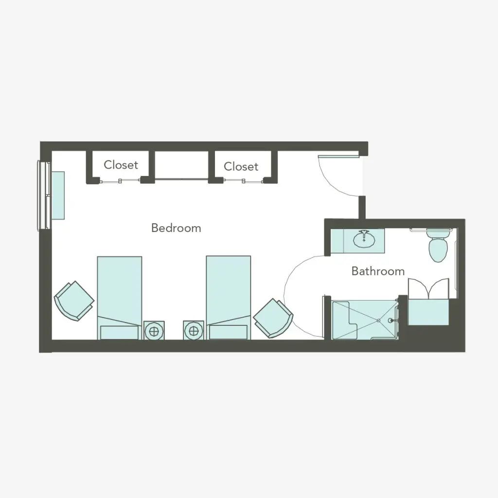A simple floor plan featuring a bedroom with twin beds and an adjacent bathroom.