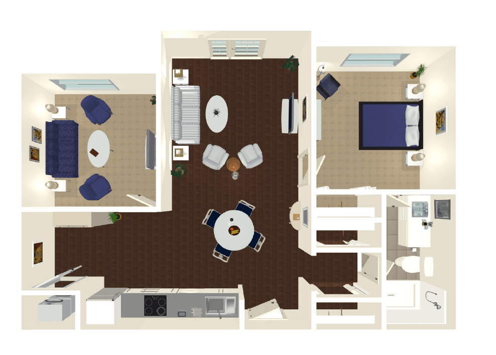 A detailed floor plan of an apartment showing the living room, bedroom, kitchen, and dining area.