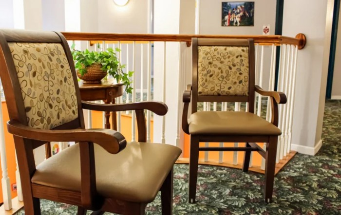 A cozy seating area with two wooden chairs and a small table with a potted plant.