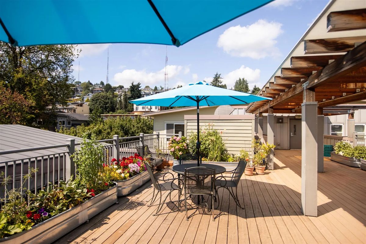 A sunny patio with a dining set under a blue umbrella, surrounded by flowers and plants.