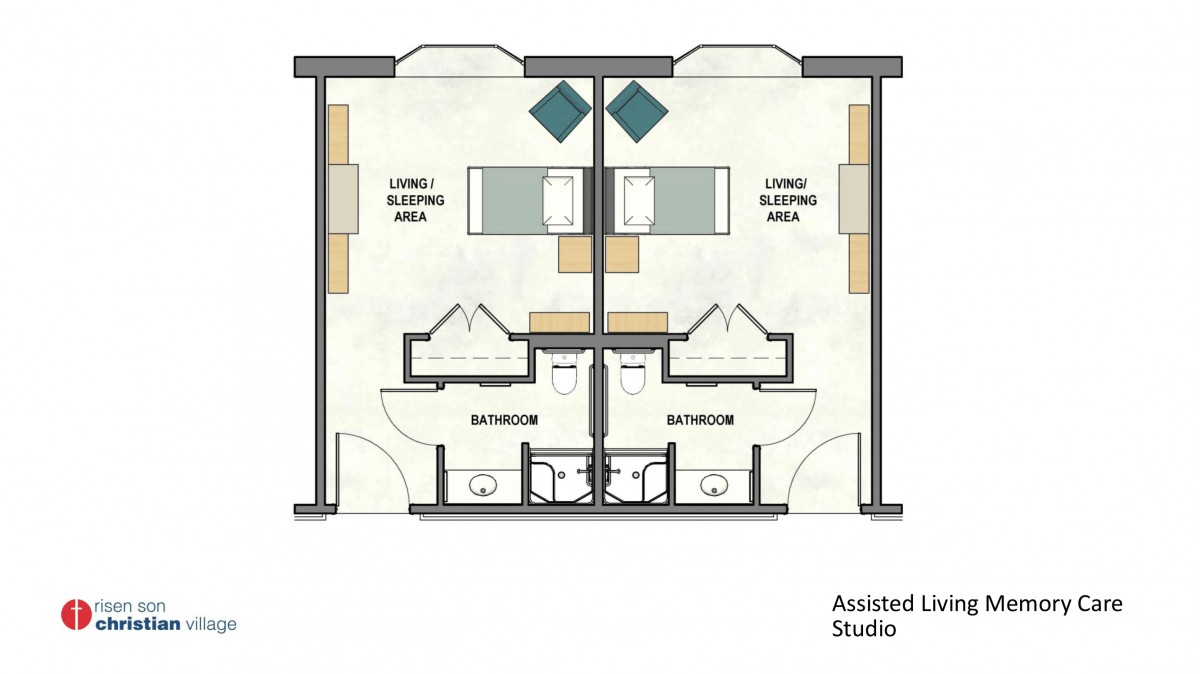 Floor plan of an assisted living studio apartment with sleeping areas and bathrooms.