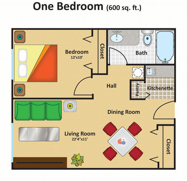 A detailed floor plan of a 600 square foot one-bedroom apartment, featuring a living room, dining room, kitchen, bathroom, and two closets.