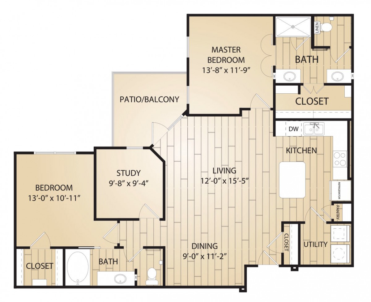 An architectural floor plan depicting a multi-room apartment layout with labeled rooms and dimensions.