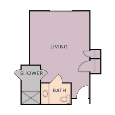 Studio apartment floor plan featuring a living area, bathroom, and shower.