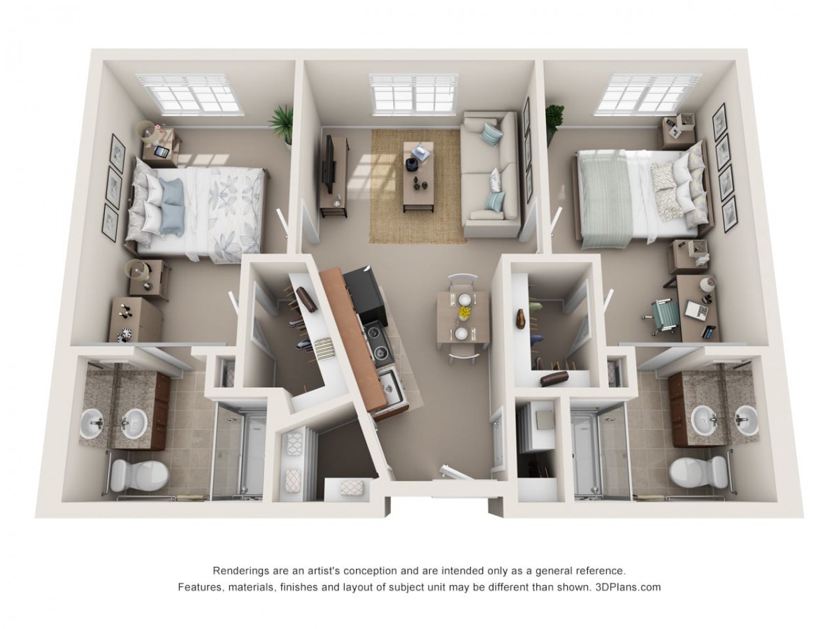 A floor plan of a two-bedroom apartment featuring a living room, kitchen, and bathrooms.