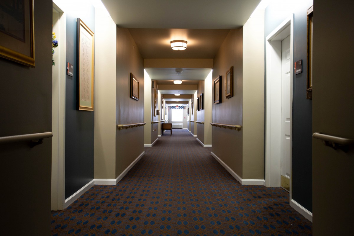 A well-lit hallway with artwork on the walls and a carpeted floor.
