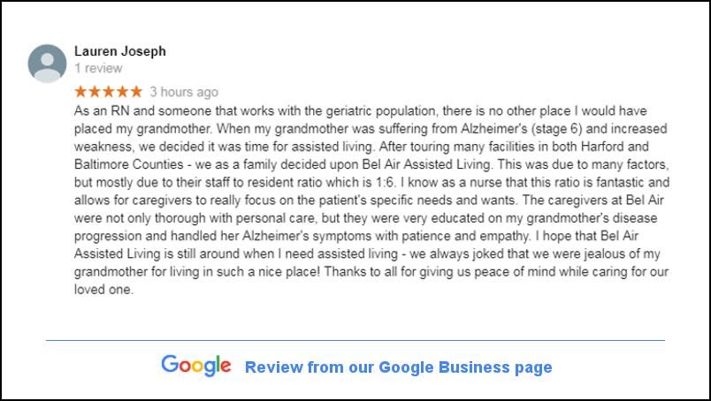 A Google Business review praising a facility for exceptional Alzheimer's and geriatric care services.