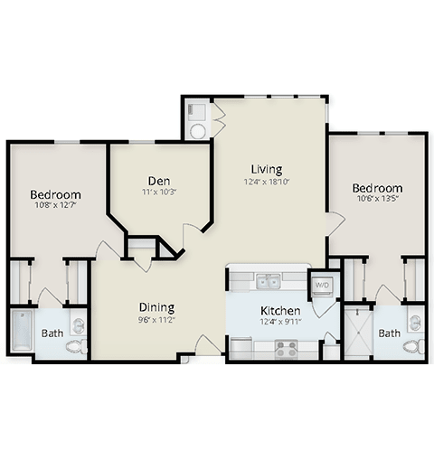 A floor plan of a two-bedroom apartment featuring a living room, kitchen, dining area, and bath.