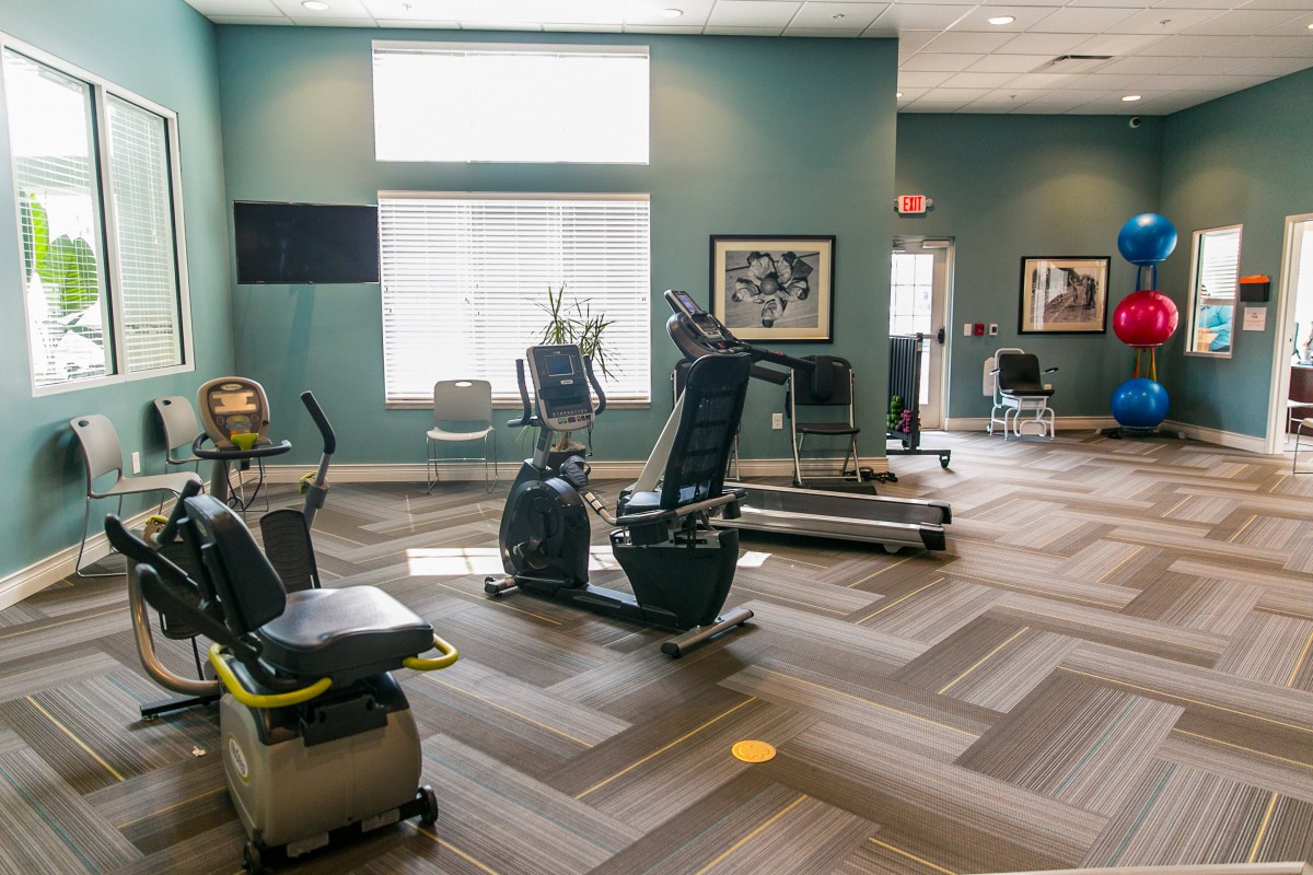 A modern fitness center with various exercise equipment, including treadmills and stationary bikes.