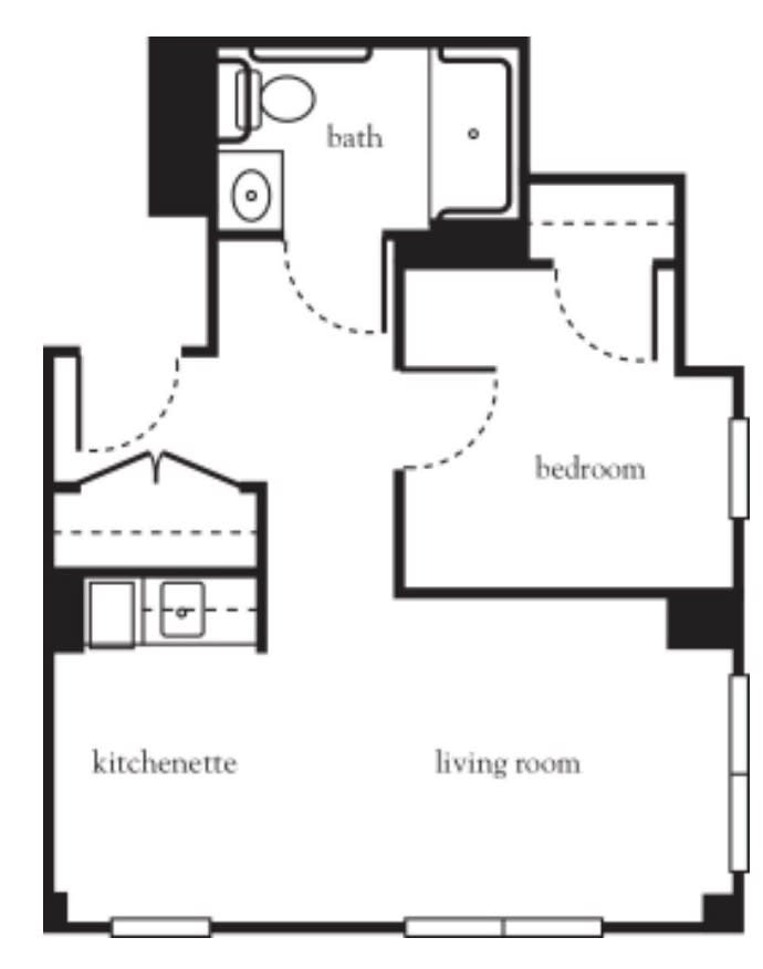 One-bedroom apartment floor plan with bathroom, kitchenette, and living room.