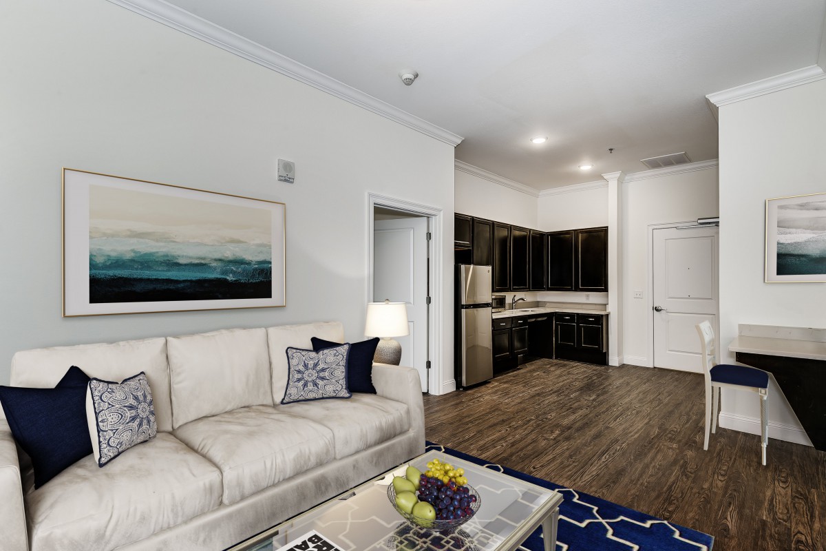 A modern open-concept living room and kitchen area with a cozy couch, decorative pillows, and artwork on the wall.