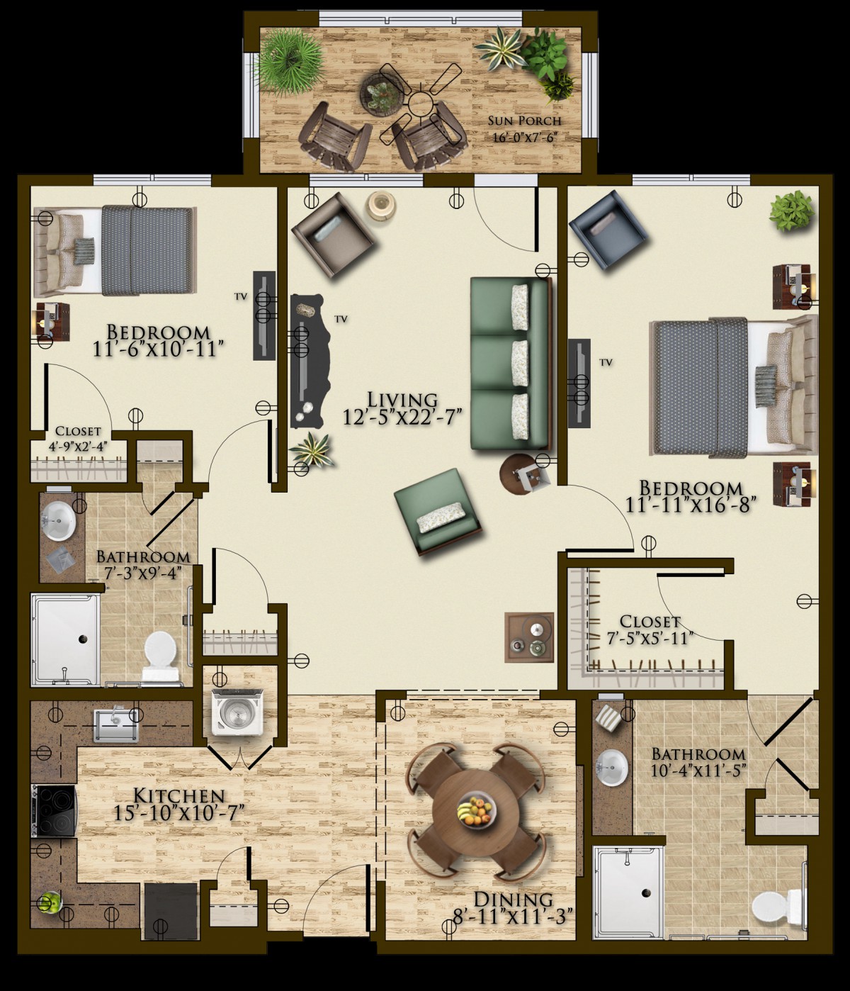 A floor plan showing the layout of an apartment with living room, bedrooms, bathrooms, kitchen, and dining area.