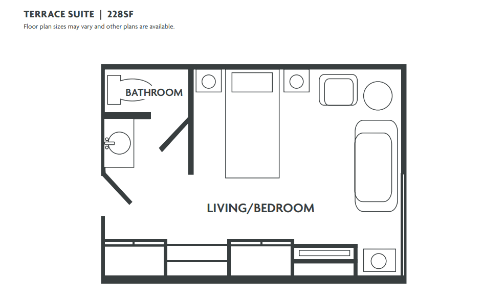 Studio apartment floor plan with living/bedroom and bathroom.