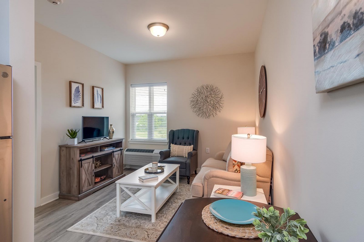 A cozy and modern living room with stylish decor, featuring a comfortable couch, coffee table, and TV setup.
