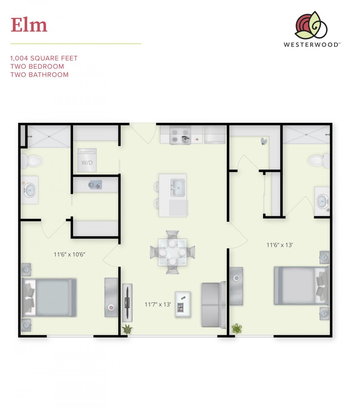 A floor plan showing a two-bedroom apartment with a living room, kitchen, and bathroom.
