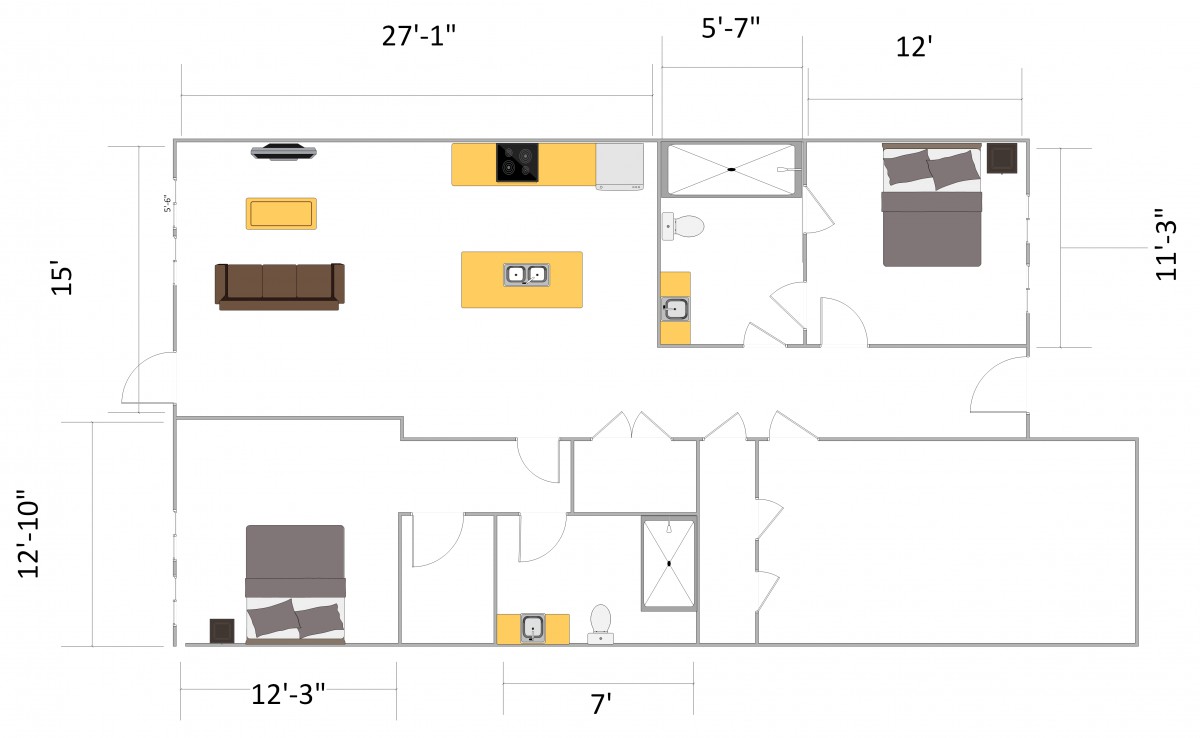 A detailed floor plan with room dimensions and furniture layout.