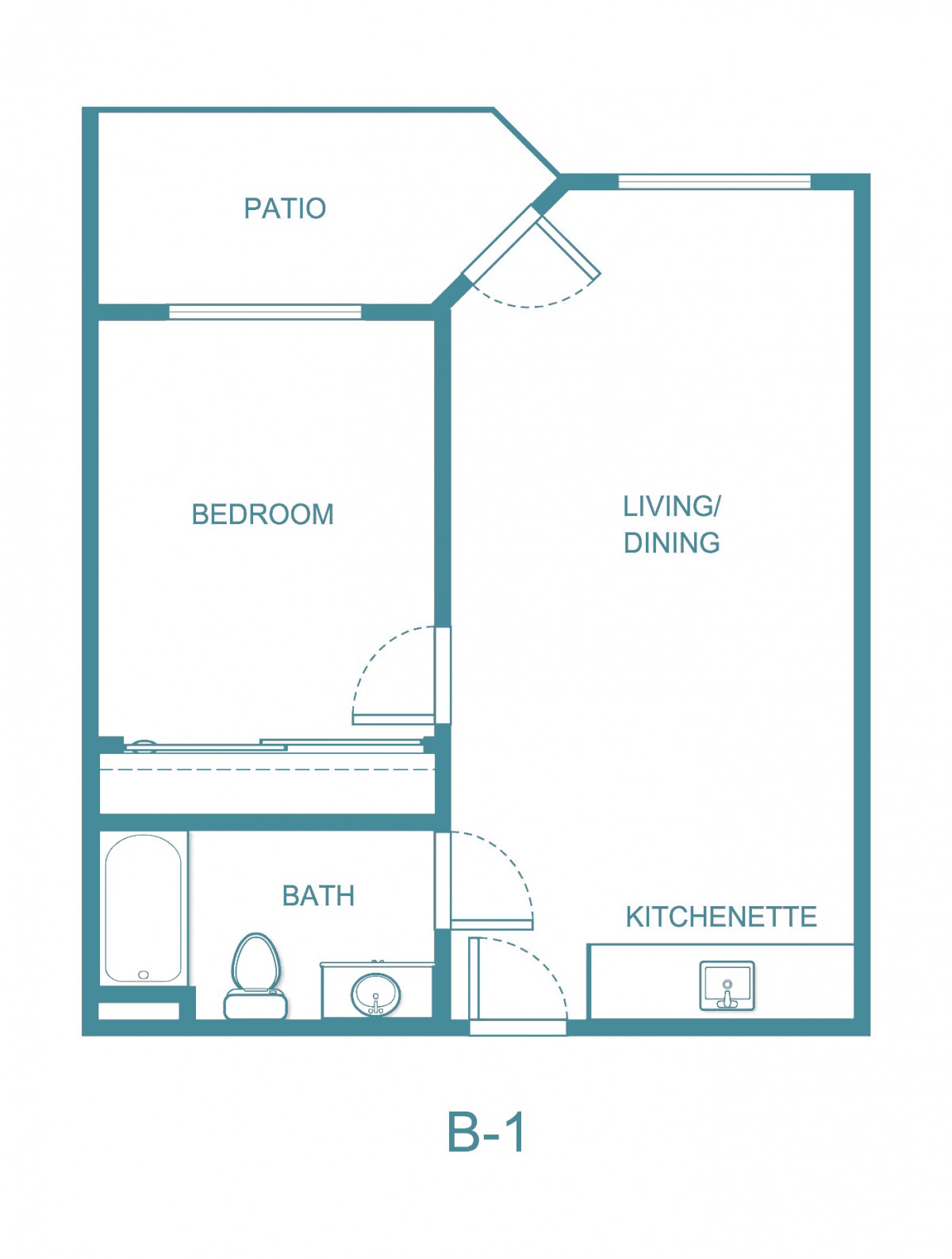 A simple floor plan of a one-bedroom apartment with a living/dining area, kitchenette, bathroom, and patio.