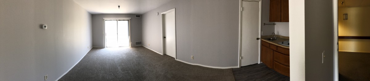A minimalist empty room with carpet flooring and a closed door.