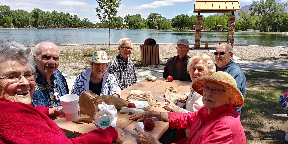 A group of elderly people enjoying a picnic by the lake in a park.